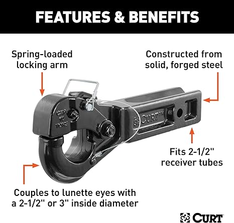 Curt Receiver-Mount Pintle Hook -2 1/2" Shank, 20,000 Lbs., 2-1/2" Lunette Rings