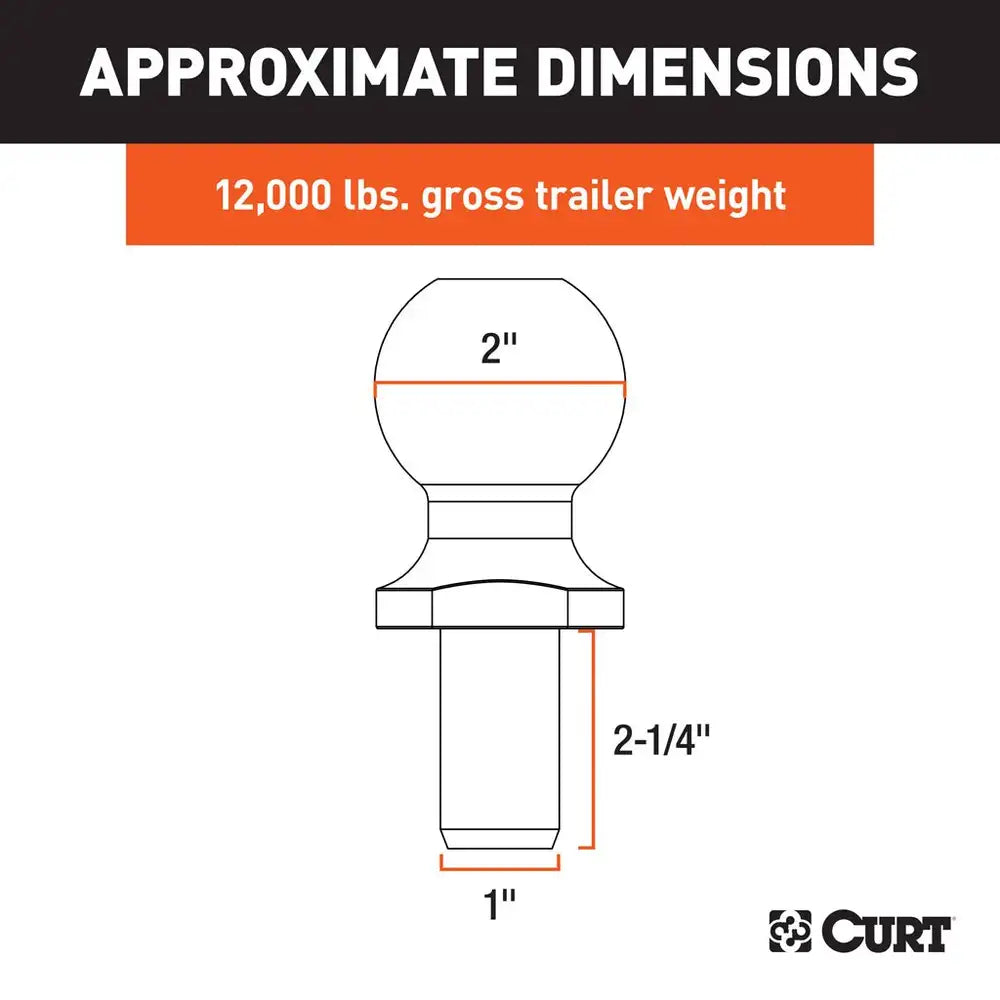 Curt 2" Trailer Ball- 1" x 2-1/4 Shank, 12,000lbs, Chrome